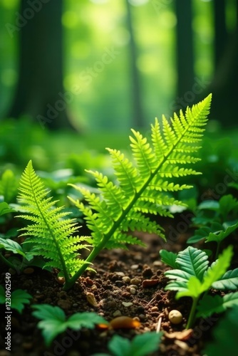Fresh spring green fern leaves scattered on forest floor, fresh spring green ferns, branches
