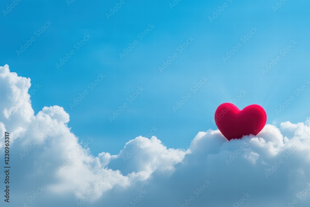 Bright Heart Icon Above Fluffy Clouds in Clear Blue Sky Bright Heart Icon Above Fluffy Clouds in Clear Blue Sky