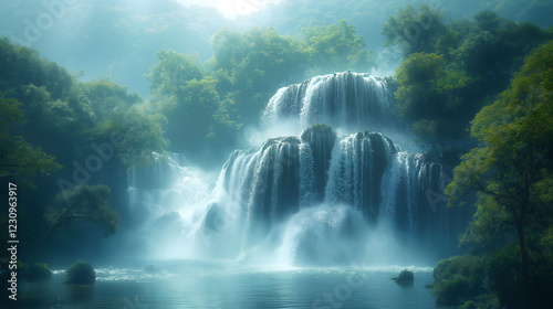 Mystical Sunlit Waterfall Amidst Lush Greenery photo