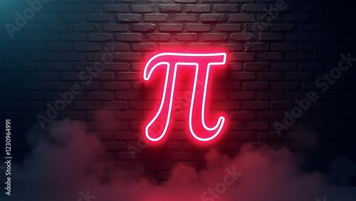 Glowing Neon Pi Symbol on Dark Brick Wall with Soft Mist and Dim Negative Space