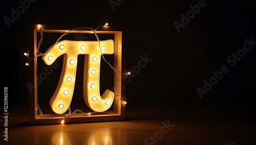Glowing String Light Pi Symbol on Rustic Wooden Frame with Ample Negative Space
