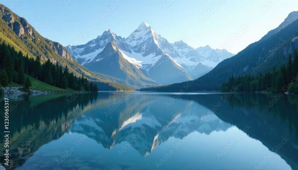 Naklejka premium Serene mountain landscape with white striped peaks mirrored in the lake, lake, , serene