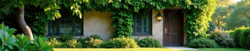 Corner of a house with lush green leaves and vines, vines, building Corner of a house with lush green leaves and vines, vines, building