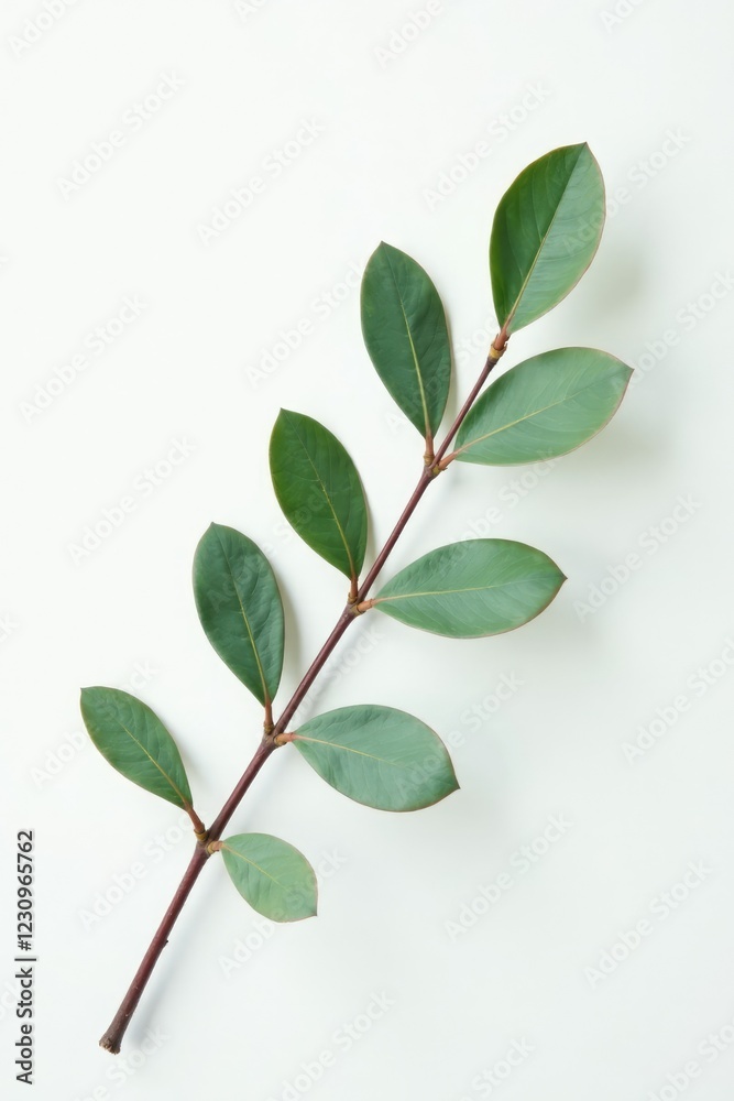 Obraz premium Simple branch with eucalyptus leaves against soft white background, clean, foliage, minimalist