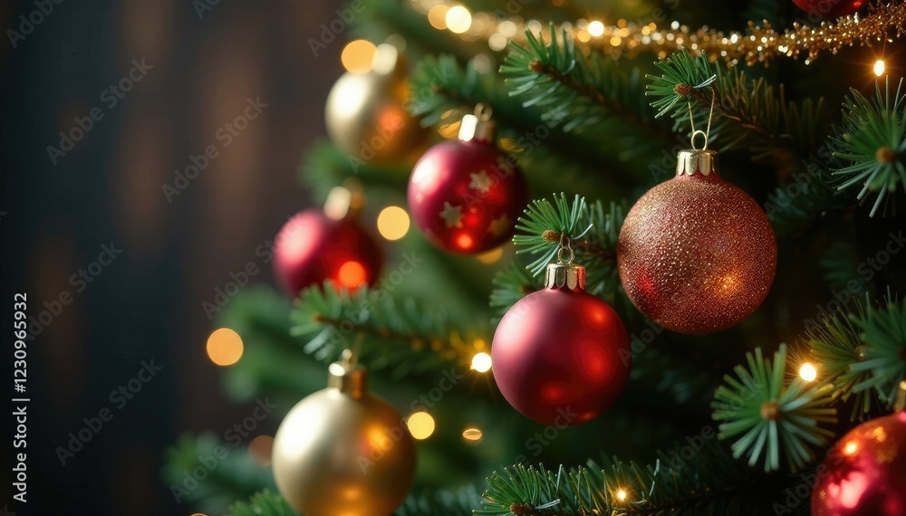 Fototapeta premium Sparkling Christmas tree decorated with ornaments, tree branches, sparkling ornaments, tinsel