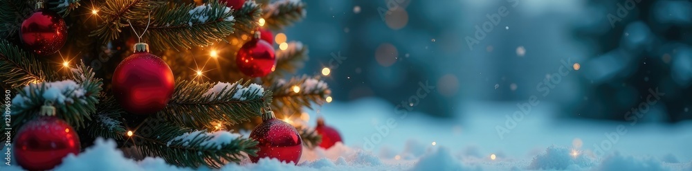 Fototapeta premium Sparkling Christmas tree with red balls amidst winter wonderland, decorations, snowflakes, evergreen