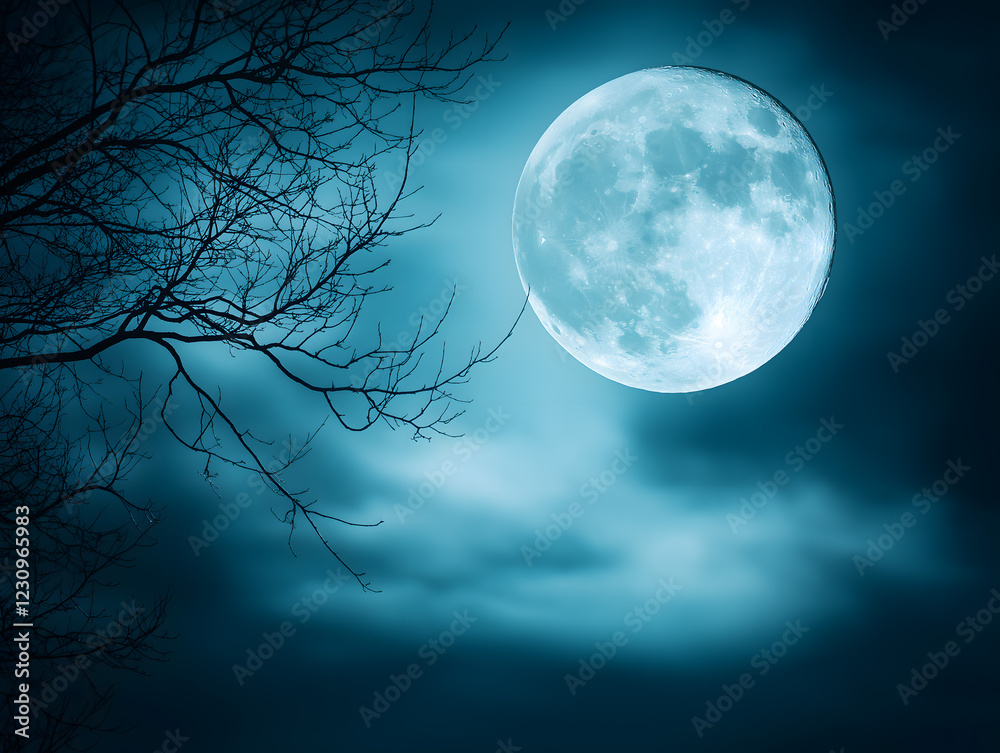 Mystical Full Moon Illuminates the Night Sky Amongst Silhouetted Branches Mystical Full Moon Illuminates the Night Sky Amongst Silhouetted Branches