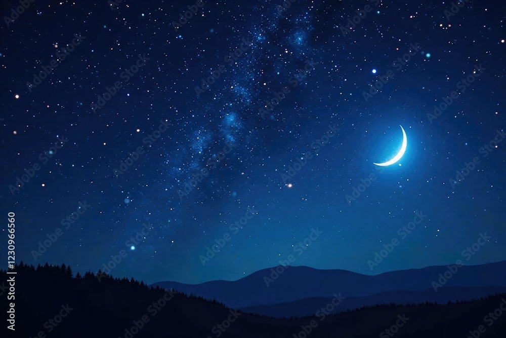 Obraz premium Starry night with a crescent moon shining bright, cosmic, serene