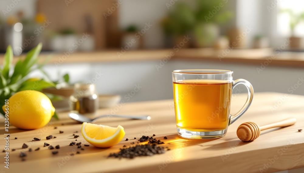 A glass of tea with lemon and honey on a kitchen counter A glass of tea with lemon and honey on a kitchen counter