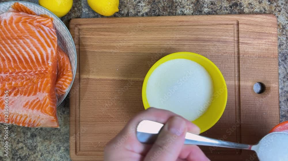 The process of salting salmon fillets. Preparing a mixture of salt and sugar for salting. Top view. The process of salting salmon fillets. Preparing a mixture of salt and sugar for salting. Top view.