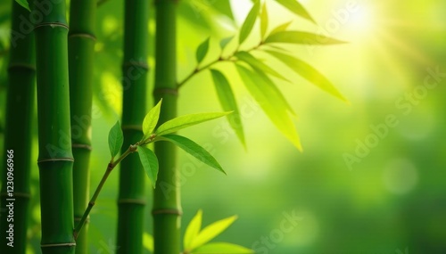 Tall green bamboo stalks sway gently on a warm peach tree branch, foliage, green, sunlight