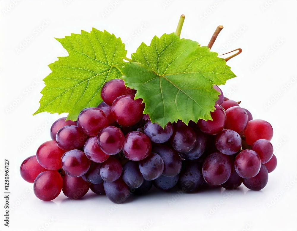 Obraz premium Bunch of ripe grapes with grape leaf isolated on a white background.