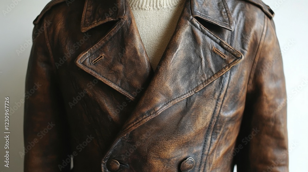 Obraz premium A vintage brown leather jacket hangs on a mannequin, showcasing its rich texture and design in a boutique setting with warm lighting