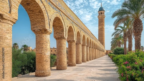 Arched Colonnade Leading to a Mosque Minaret photo