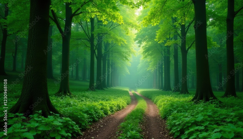 Naklejka premium A serene forest landscape featuring a winding path with green accents, tree-lined paths, verdant hues, winding roads