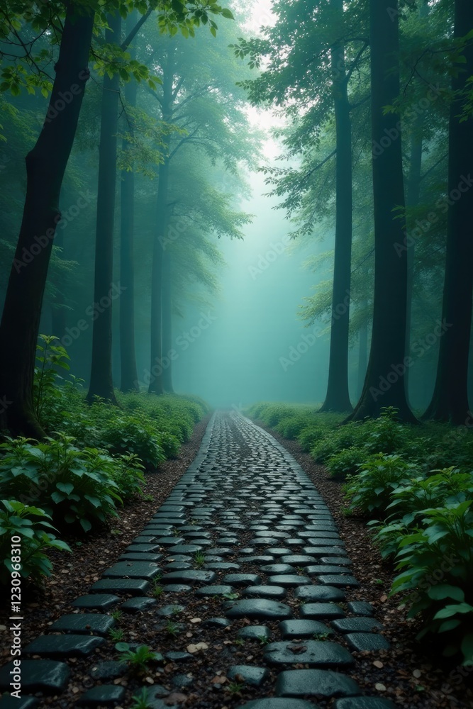 Fototapeta premium Cobblestone road vanishes into misty forest depths, seclusion, forest
