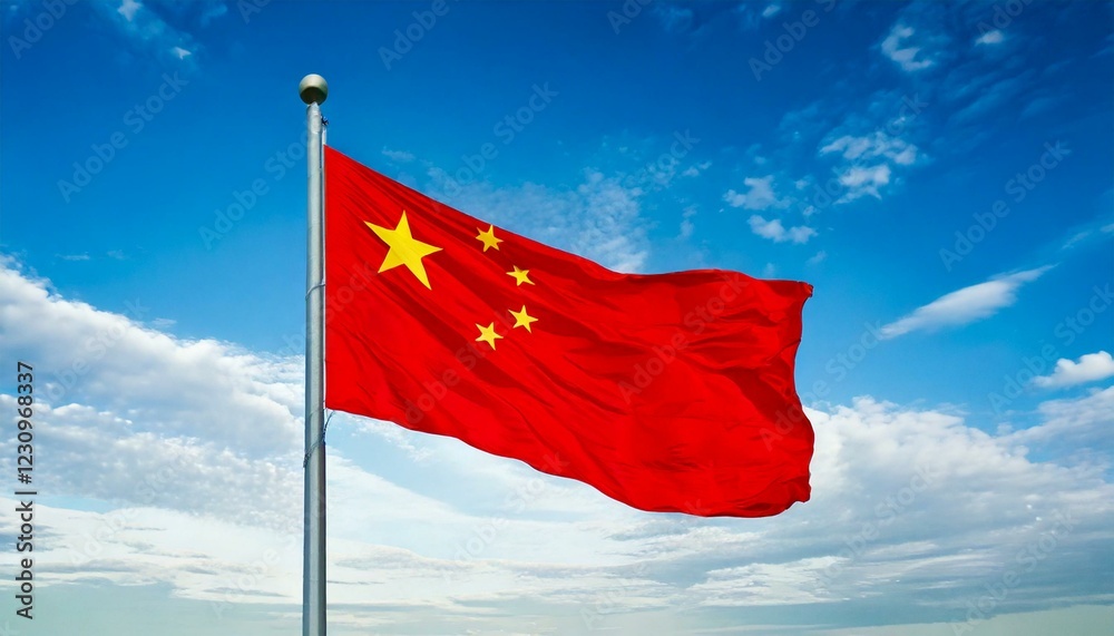 Naklejka premium China, waving flag of China on pole white background