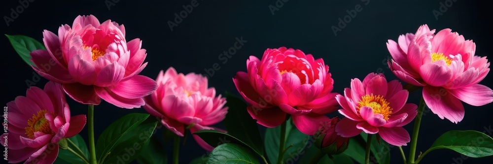 Fototapeta premium Colorful peony flowers isolated on dark background, nature, flower power