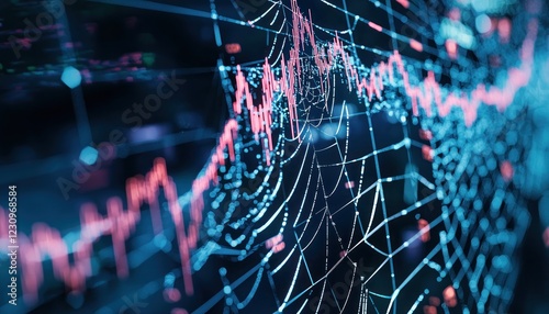 A stock market graph visualized as a futuristic spider web