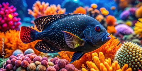 Closeup of Black Saddled Toby Fish in Vibrant Tropical Coral Reef, Showcasing Marine Biodiversity and Underwater Ecosystems