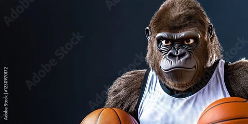 gorilla mascot wearing blank white basketball jersey holding basketball photo