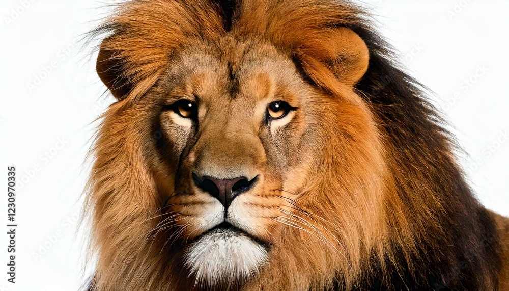 Close-up of lion, Panthera leo, 8 years old, in front of white background Close-up of lion, Panthera leo, 8 years old, in front of white background