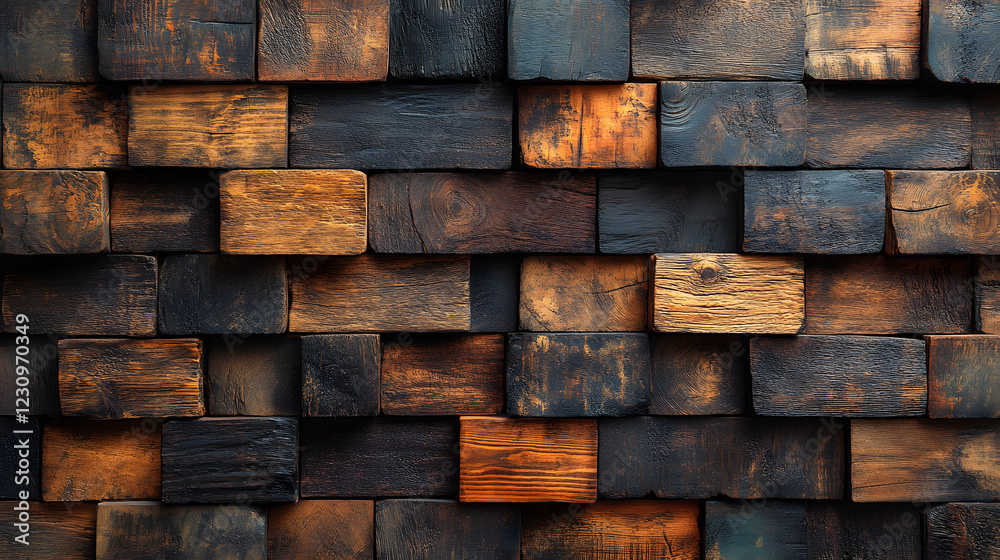 The wall is made of wood and has a black and brown color. The wood is rough and has a natural texture, giving the wall a rustic and earthy feel. The black and brown color scheme creates a warm The wall is made of wood and has a black and brown color. The wood is rough and has a natural texture, giving the wall a rustic and earthy feel. The black and brown color scheme creates a warm