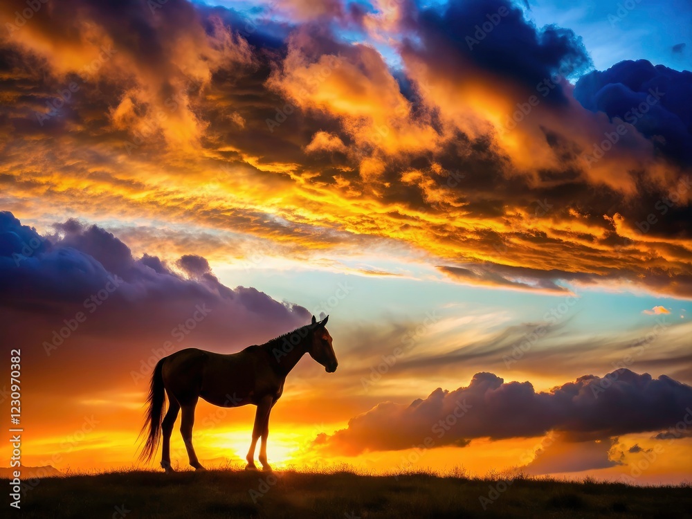 Sunset paints a dramatic sky above a wild horse, its silhouette stark against the Spanish horizon. Sunset paints a dramatic sky above a wild horse, its silhouette stark against the Spanish horizon.