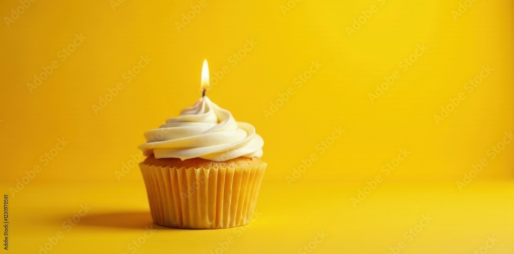 Vanilla cupcake, single candle ablaze, vibrant yellow backdrop, yellow, food photography Vanilla cupcake, single candle ablaze, vibrant yellow backdrop, yellow, food photography