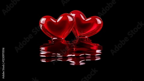 love and connection concept,Two red hearts on a reflective surface