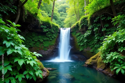 Lush foliage surrounds the upper waterfall of Juan Diego Falls in El Yungle National Forest, plant life, nature, waterfall
