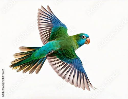 Composition of Pacific Parrotlet, Forpus coelestis, flying against white background photo