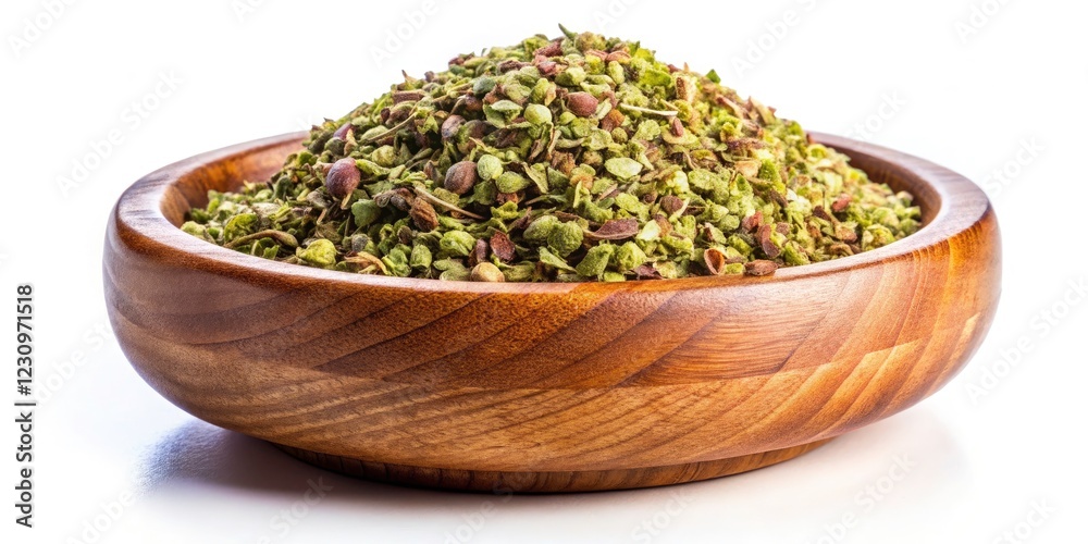 Dried Oregano Seasoning in a Rustic Wooden Bowl on White Background - Macro Photography of Culinary Herbs, Natural Ingredients, and Flavorful Seasonings for Cooking and Baking