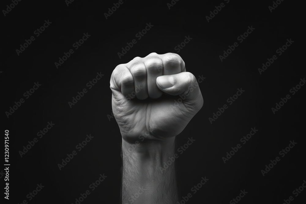 Bold Fist Raised in Empowerment Against Black Background Bold Fist Raised in Empowerment Against Black Background