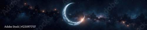 Silvery crescent against inky black canvas of infinite space, darkness, astronomy, nebula