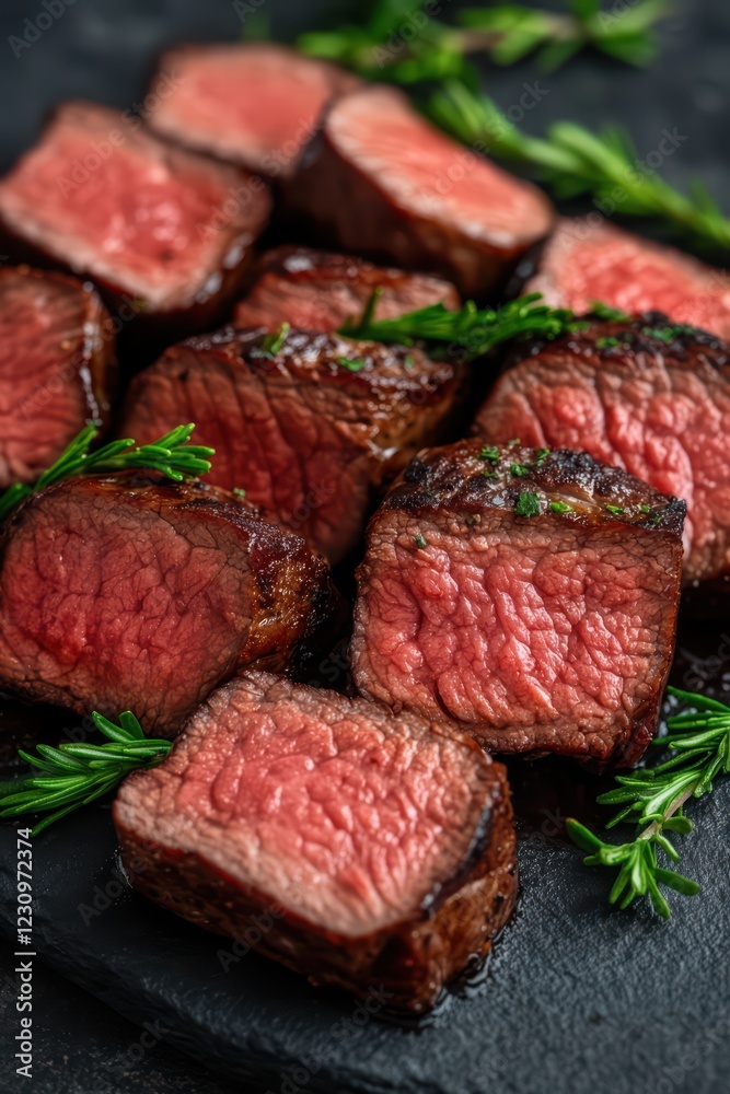 Sliced Tender Roast Beef with Fresh Herbs on Dark Stone Surface