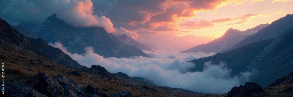 Surreal landscape with swirling clouds and mountains, rocky, foggy, dark Surreal landscape with swirling clouds and mountains, rocky, foggy, dark