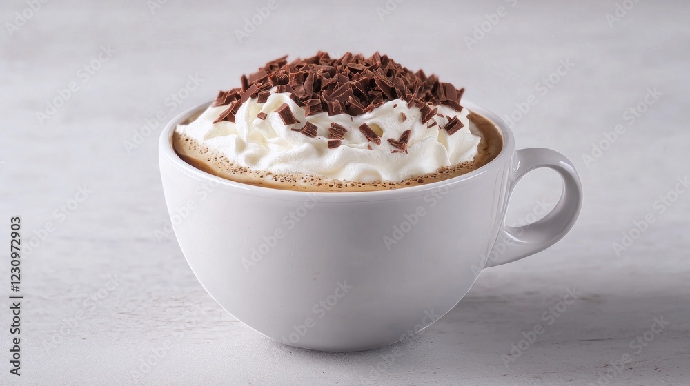 White Mug of Coffee with Whipped Cream and Chocolate Shavings White Mug of Coffee with Whipped Cream and Chocolate Shavings