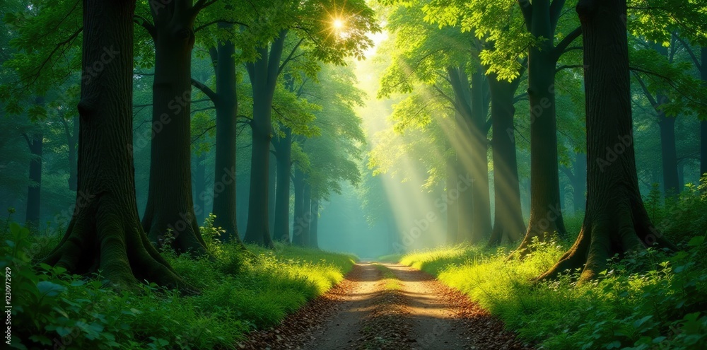 A calm and quiet forest with tall trees and dappled light, tranquility spot, nature scenery A calm and quiet forest with tall trees and dappled light, tranquility spot, nature scenery