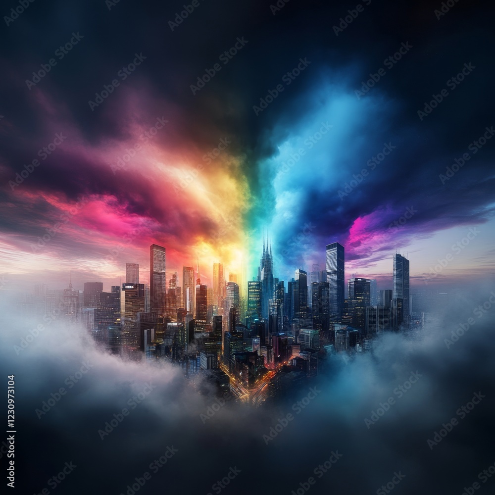 Obraz premium Vibrant Cityscape Under Dramatic Clouds with Colorful Light Effects Illuminating Urban Skyline at Dusk
