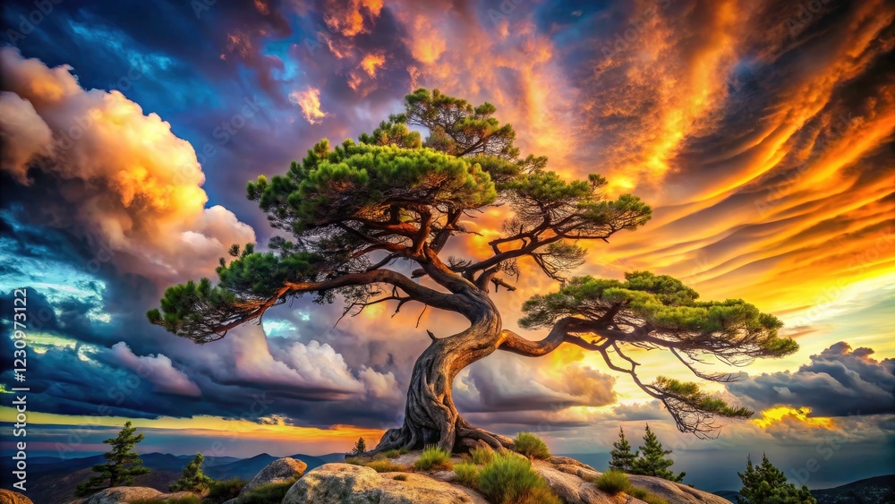 Whimsical old pine, surreal cloudscape, and dreamy forest create an artistic, ethereal, fantasy nature photograph. Whimsical old pine, surreal cloudscape, and dreamy forest create an artistic, ethereal, fantasy nature photograph.
