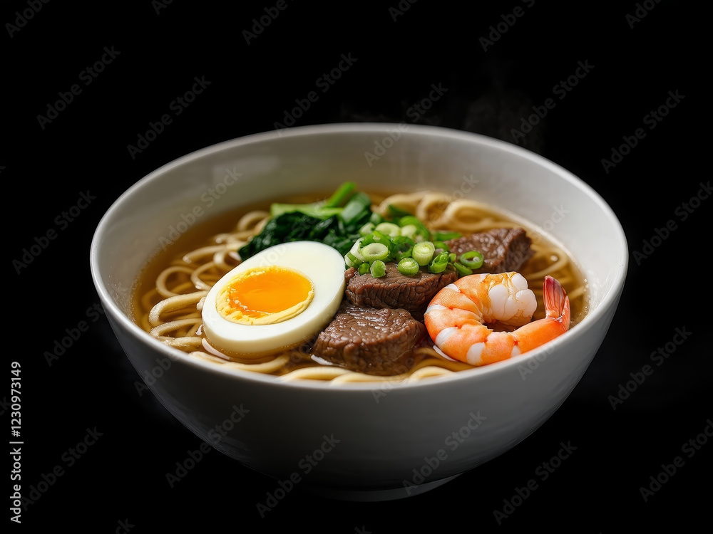 Indonesian noodle soup with beef tofu shrimp vegetables and egg in a white bowl on the wooden table. Indonesian noodle soup with beef tofu shrimp vegetables and egg in a white bowl on the wooden table.