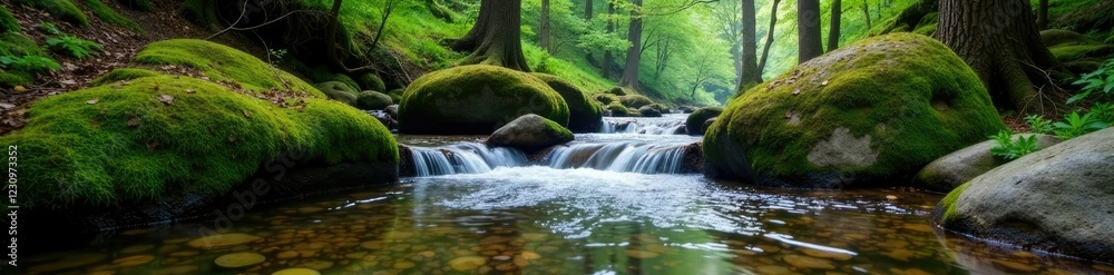 Fototapeta premium A gentle mountain brook flows softly through moss-covered stones and trees, serenity, brook