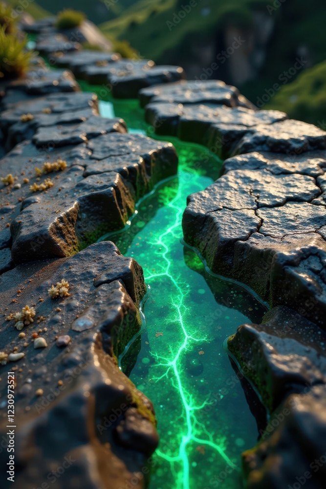 Fototapeta premium Green opal chryzopal veins in natural landscape, mineral deposits, ancient rocks
