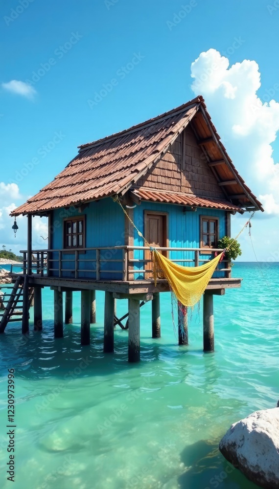 Fototapeta premium Colorful fishing net and blue stilts holding up a small bungalow, bungalow, blue