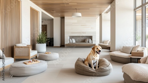 Comfortable hotels for pet-friendly vacations. Spacious modern room with a dog resting on a cozy bed.