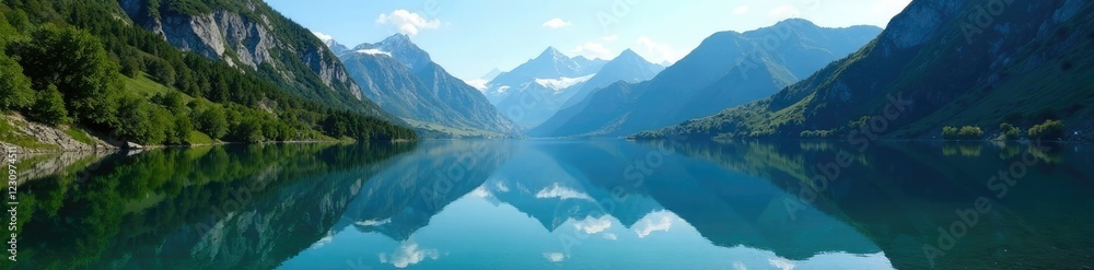 Crystal-clear lake reflected in the mountains, serene natural scenery, alpine lake, water mirror effect Crystal-clear lake reflected in the mountains, serene natural scenery, alpine lake, water mirror effect