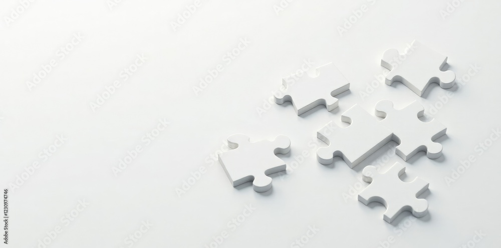 Five white puzzle pieces scattered on a plain white surface, abstract, color, minimalist
