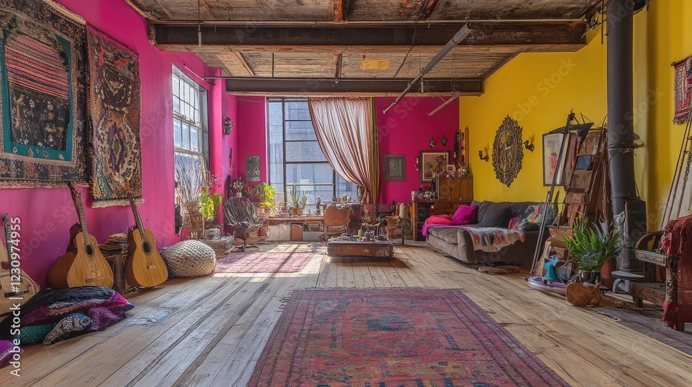 Obraz premium A creative artist's loft with bold color-blocked walls, vibrant decor, and eclectic furniture