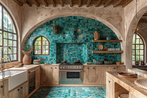 Moroccan Kitchen Design Interior. White cabinets and teal blue (turquoise) tiles. Trend 2025